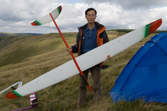 DAY 1 - MICKEY'S SLOPE: The HK team made a welcome return visit, and flew well too. Here's C.M. Cheng with Extreme designed by Norbert Habe and manufactured by Milan Demcisak (who also makes the Skorpion and Demo).