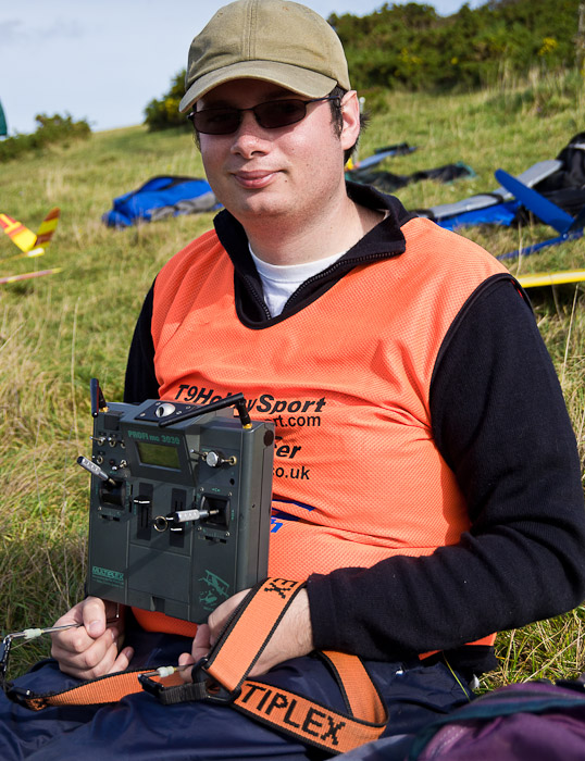 TECH CORNER: Nigel Potter with his MPX 3030 transmitter converted to 2.4 GHz using an ACT dual rf module. Nigel was very happy with the ACT module, having tested it extensively in F5B. And you dont get much more demanding than that!
