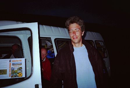 Alex blinks in the light outside the Bar. Spanish hosts fed and watered us well!