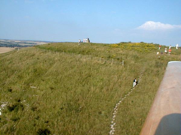 Flying level with the ridge, showing one of the steep paths to the top of the hill