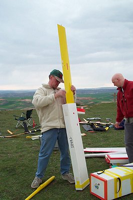 Keith Nicholls and Kevin Newton sorting their wings. Neat Correx cases have internal dividers.