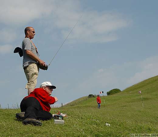 Julian Perrott (flying) and John Bennett, looking towards 'horrid' Base B.