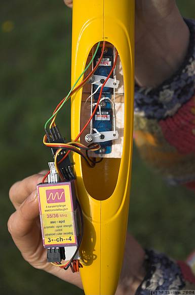 HS 55 servos and Schulze 435 Rx. Note closed loop linkages, geometry at back end is critical.