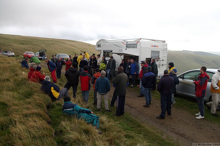 Waiting for the results outside the Woodhouse motor home.