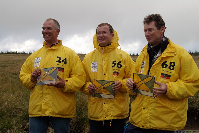 Team prize for SAF: Dieter Perlick, Klaus and Peter Kowalski. Stained glass trophies designed by Sarah Ayling.