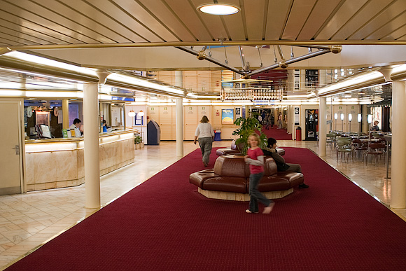 Reception area, Deck 6, 'Pride of Bilbao'. Travelling on the boat is very much part of the fun.